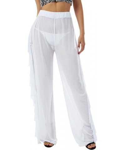 Women's Sexy Sheer Mesh Trousers Swimsuit Bikini Bottom Cover Up Pants See-Through Ruffles Beach Cover-Ups A-white $8.24 Swim...