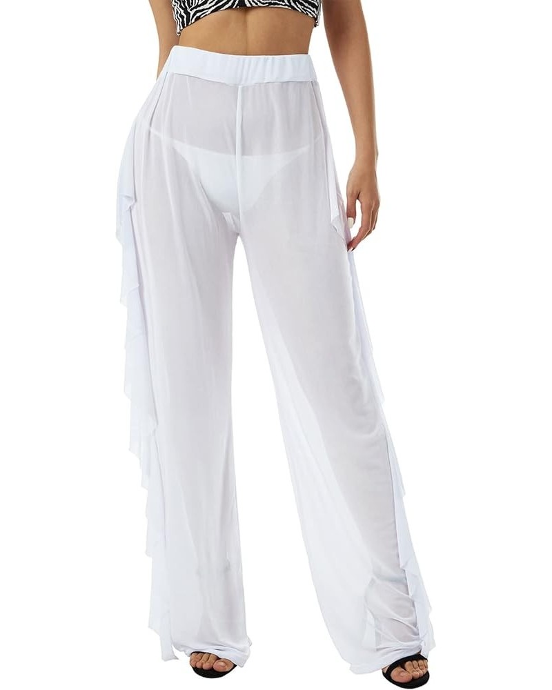 Women's Sexy Sheer Mesh Trousers Swimsuit Bikini Bottom Cover Up Pants See-Through Ruffles Beach Cover-Ups A-white $8.24 Swim...