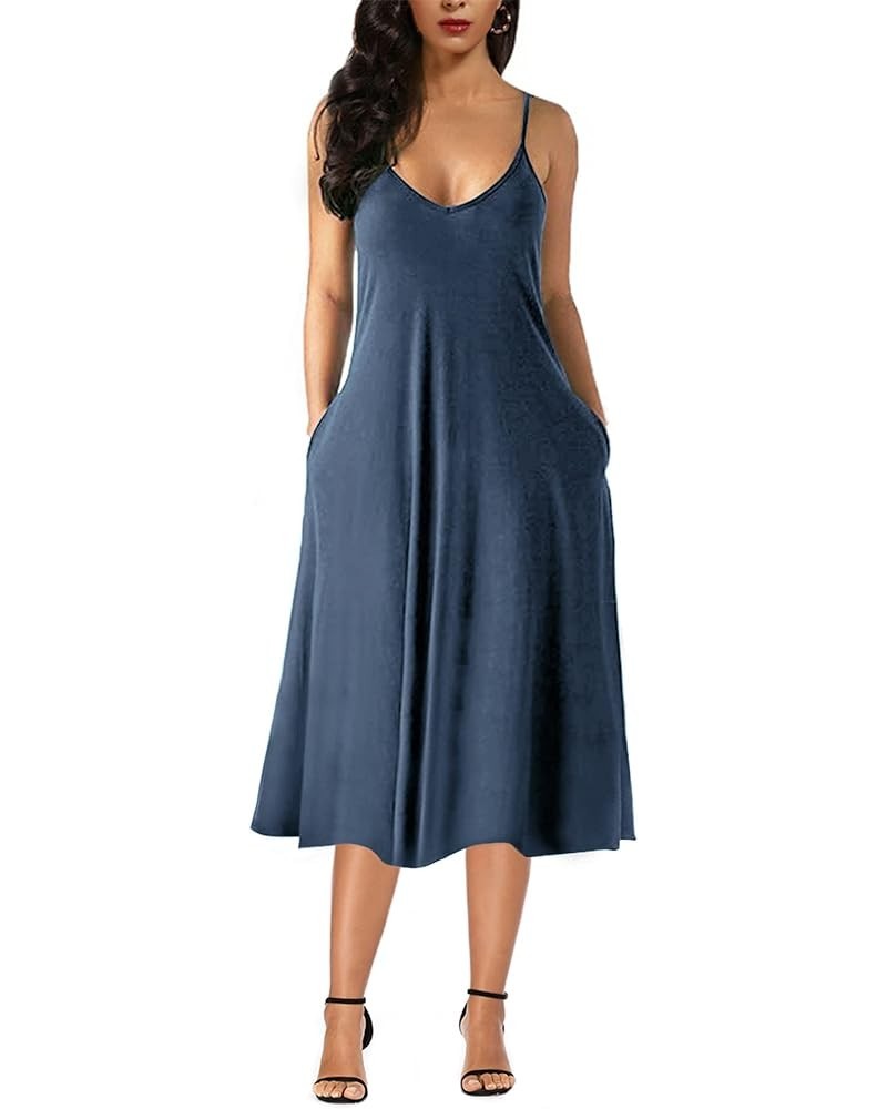 Womens Casual Summer Midi Dresses Plus Size Sleeveless Pockets Loose Plain Beach Dress Indigo Blue $13.20 Dresses