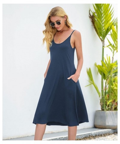 Womens Casual Summer Midi Dresses Plus Size Sleeveless Pockets Loose Plain Beach Dress Indigo Blue $13.20 Dresses