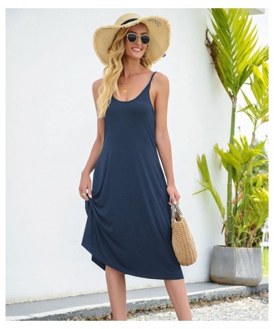 Womens Casual Summer Midi Dresses Plus Size Sleeveless Pockets Loose Plain Beach Dress Indigo Blue $13.20 Dresses