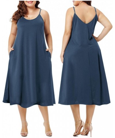 Womens Casual Summer Midi Dresses Plus Size Sleeveless Pockets Loose Plain Beach Dress Indigo Blue $13.20 Dresses