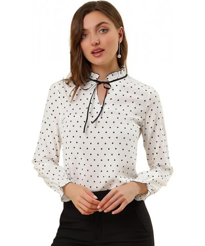 Women's Bow Tie Neck Blouse Ruffled Collar Printed Long Sleeve Vintage Top White-hearts $17.07 Blouses