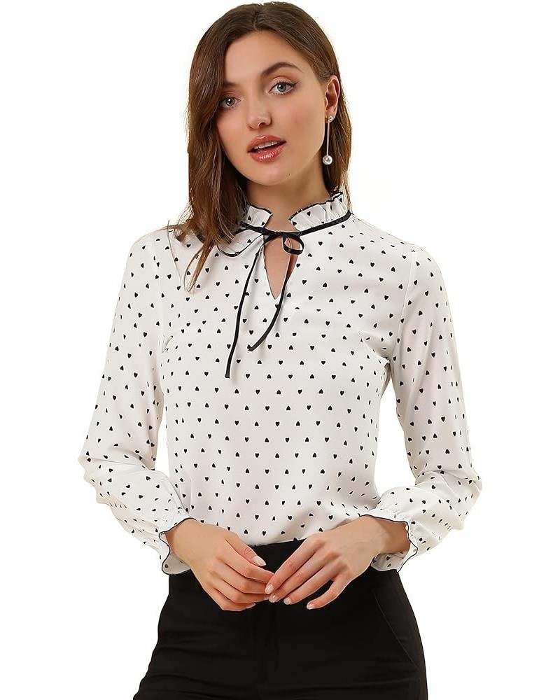 Women's Bow Tie Neck Blouse Ruffled Collar Printed Long Sleeve Vintage Top White-hearts $17.07 Blouses