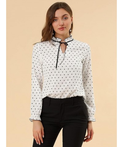 Women's Bow Tie Neck Blouse Ruffled Collar Printed Long Sleeve Vintage Top White-hearts $17.07 Blouses