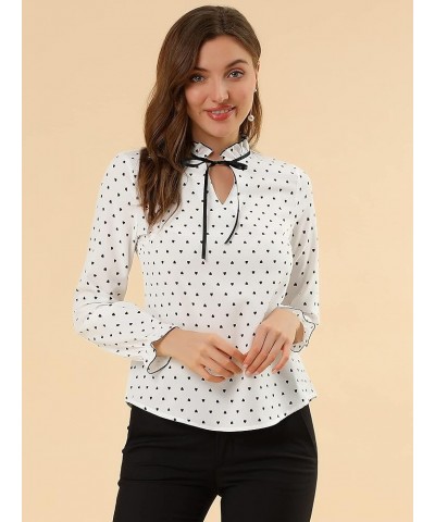 Women's Bow Tie Neck Blouse Ruffled Collar Printed Long Sleeve Vintage Top White-hearts $17.07 Blouses