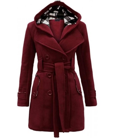 Women's Winter Warm Fleece Check Plaid Hooded Coat Double Breast Belted Duffle Jacket Wine $14.50 Coats