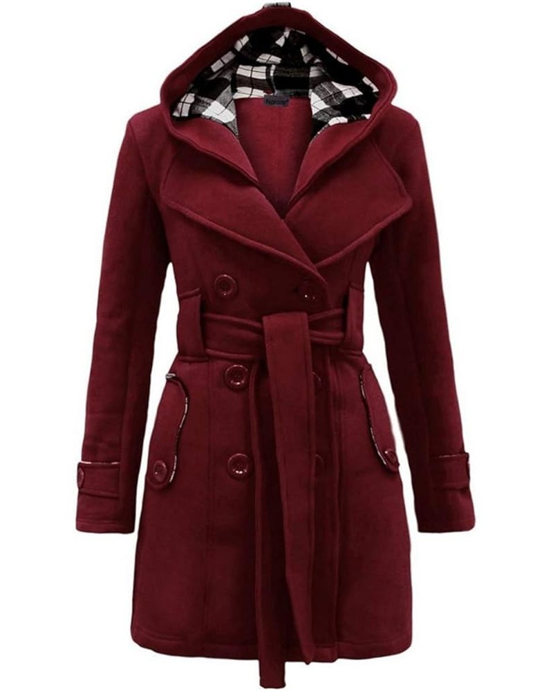 Women's Winter Warm Fleece Check Plaid Hooded Coat Double Breast Belted Duffle Jacket Wine $14.50 Coats