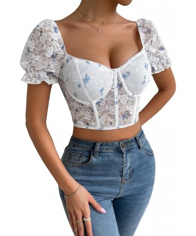 Women's Ditsy Floral Sweetheart Neck Frill Puff Short Sleeve Bustier Crop Tops Blue and White $7.27 T-Shirts