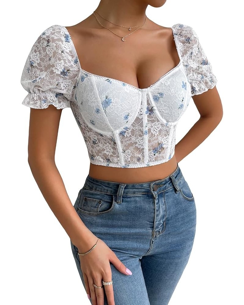 Women's Ditsy Floral Sweetheart Neck Frill Puff Short Sleeve Bustier Crop Tops Blue and White $7.27 T-Shirts