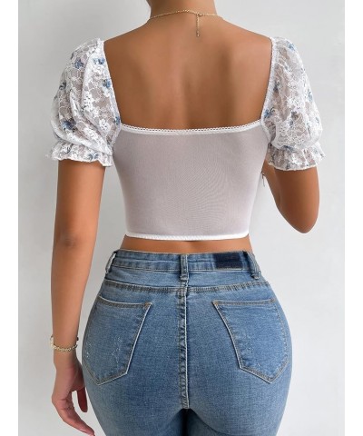 Women's Ditsy Floral Sweetheart Neck Frill Puff Short Sleeve Bustier Crop Tops Blue and White $7.27 T-Shirts