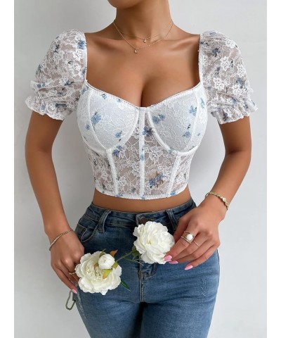 Women's Ditsy Floral Sweetheart Neck Frill Puff Short Sleeve Bustier Crop Tops Blue and White $7.27 T-Shirts