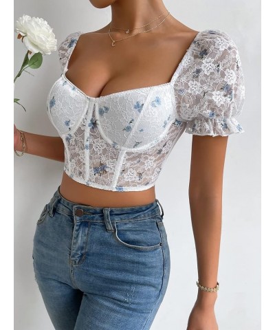 Women's Ditsy Floral Sweetheart Neck Frill Puff Short Sleeve Bustier Crop Tops Blue and White $7.27 T-Shirts