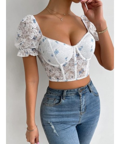 Women's Ditsy Floral Sweetheart Neck Frill Puff Short Sleeve Bustier Crop Tops Blue and White $7.27 T-Shirts