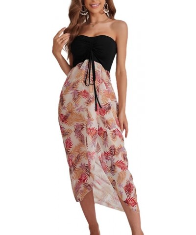 Women's Chiffon Off Shoulder Summer Beach Swimsuit Cover ups Sundress Strapless Dress 1 Tropical Leaf Print Multi Color $19.1...