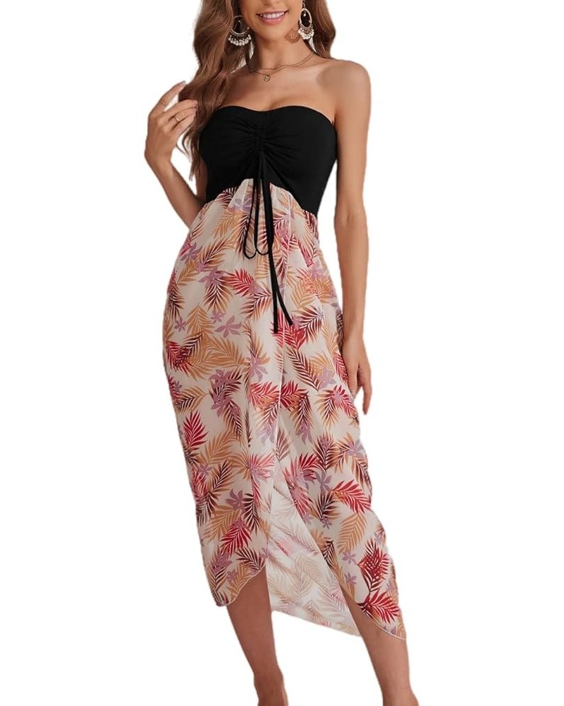 Women's Chiffon Off Shoulder Summer Beach Swimsuit Cover ups Sundress Strapless Dress 1 Tropical Leaf Print Multi Color $19.1...