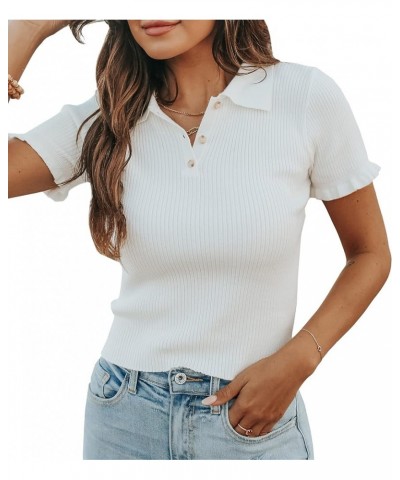 Womens Short Sleeve Sweater Tops V Neck Button Collared Ribbed Knit Pullover Shirt Slim Cropped Fall Blouse Tee White $15.40 ...