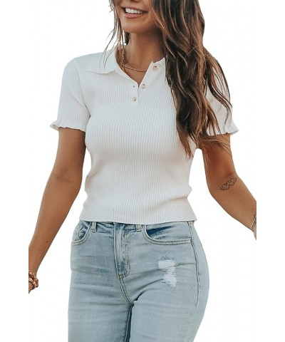 Womens Short Sleeve Sweater Tops V Neck Button Collared Ribbed Knit Pullover Shirt Slim Cropped Fall Blouse Tee White $15.40 ...