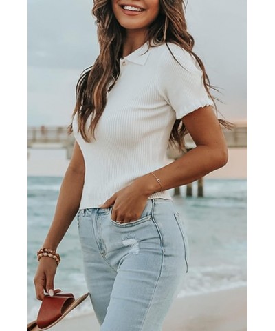 Womens Short Sleeve Sweater Tops V Neck Button Collared Ribbed Knit Pullover Shirt Slim Cropped Fall Blouse Tee White $15.40 ...