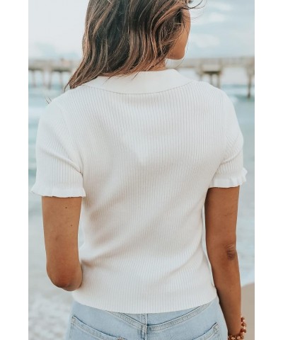 Womens Short Sleeve Sweater Tops V Neck Button Collared Ribbed Knit Pullover Shirt Slim Cropped Fall Blouse Tee White $15.40 ...