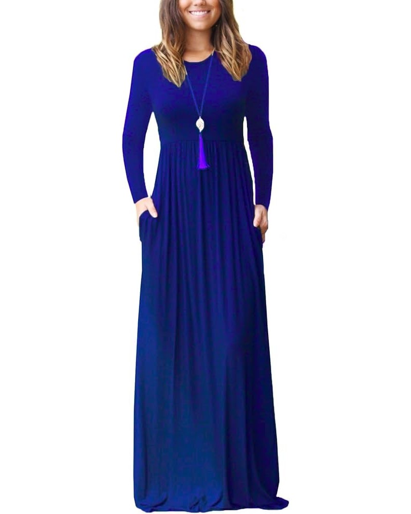 Women Long Sleeve Loose Plain Maxi Dresses Casual Long Dresses with Pockets Dark Blue $11.74 Dresses