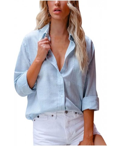 Summer Button Down Shirts for Women Cotton Linen Collared Tops Long Sleeve Gauze Blouses 2023 Casual Work Clothing J016-sky B...