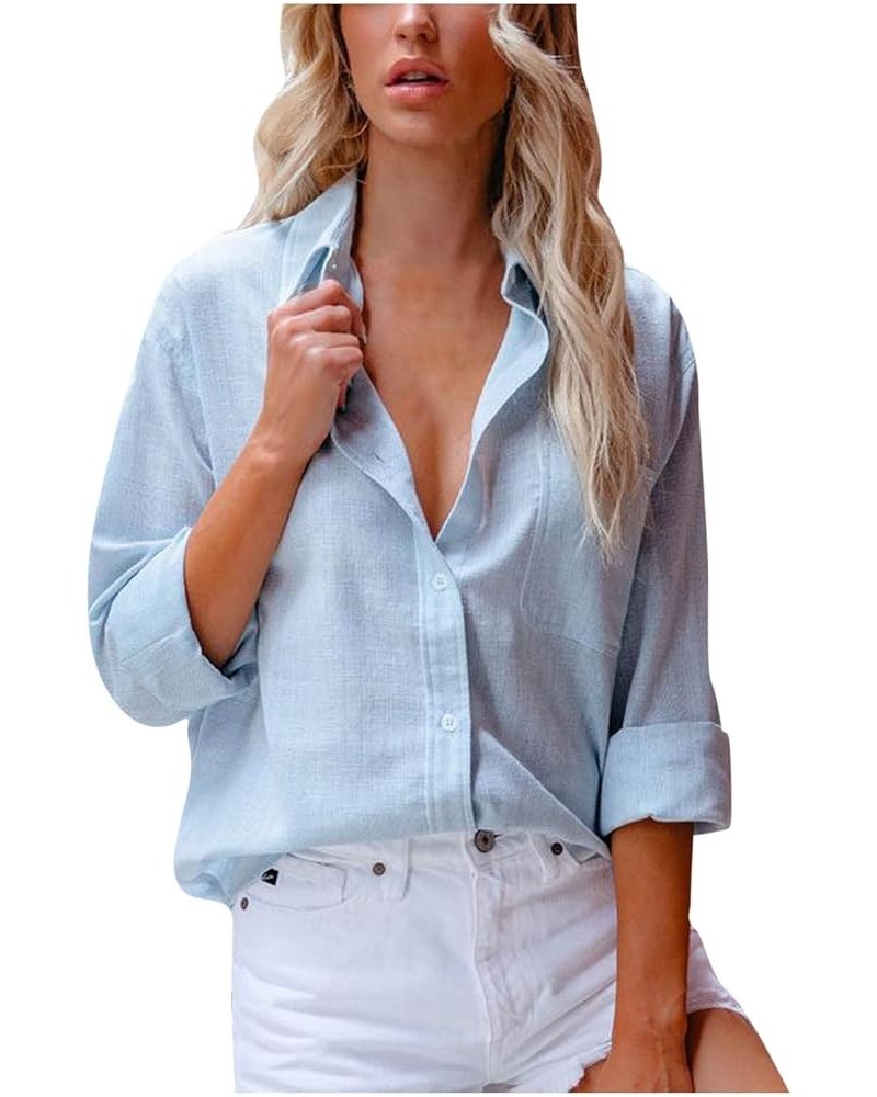 Summer Button Down Shirts for Women Cotton Linen Collared Tops Long Sleeve Gauze Blouses 2023 Casual Work Clothing J016-sky B...