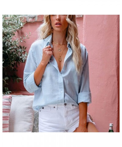 Summer Button Down Shirts for Women Cotton Linen Collared Tops Long Sleeve Gauze Blouses 2023 Casual Work Clothing J016-sky B...