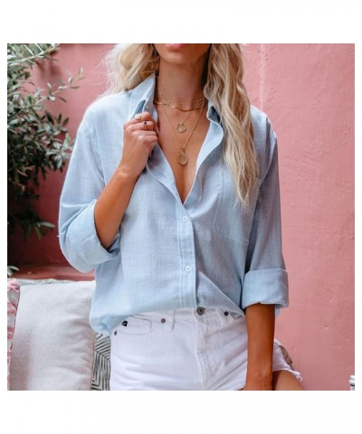 Summer Button Down Shirts for Women Cotton Linen Collared Tops Long Sleeve Gauze Blouses 2023 Casual Work Clothing J016-sky B...