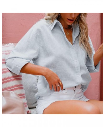 Summer Button Down Shirts for Women Cotton Linen Collared Tops Long Sleeve Gauze Blouses 2023 Casual Work Clothing J016-sky B...