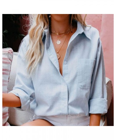 Summer Button Down Shirts for Women Cotton Linen Collared Tops Long Sleeve Gauze Blouses 2023 Casual Work Clothing J016-sky B...