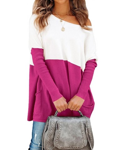 Women's Causal Loose Sweater Color Block Knit Pullover Off Shoulder Comfy Jumper Tops Rose Red $10.79 Sweaters