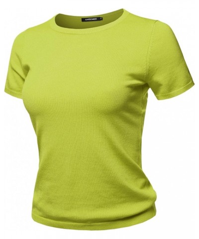 Women's Classic Solid Round Neck Short Sleeve Viscose Knit Sweater Top Aawsws0001 Lime $9.22 Sweaters