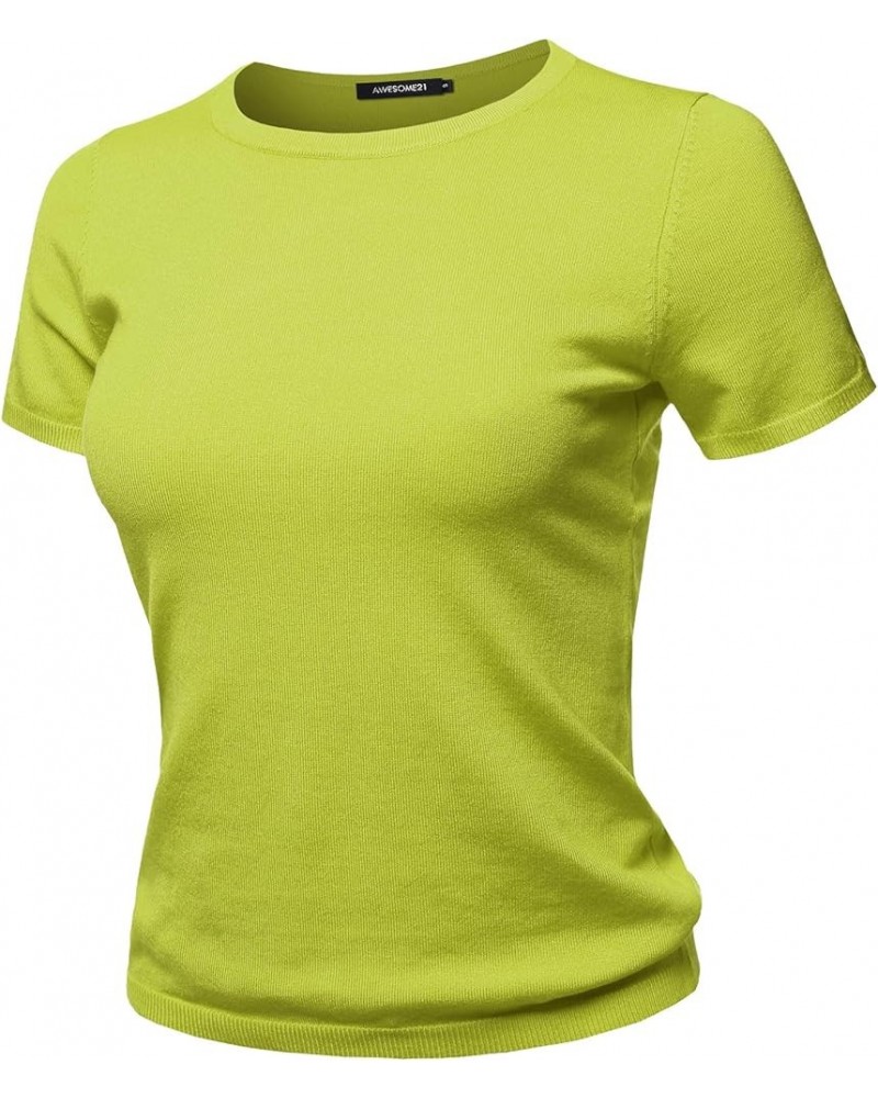 Women's Classic Solid Round Neck Short Sleeve Viscose Knit Sweater Top Aawsws0001 Lime $9.22 Sweaters