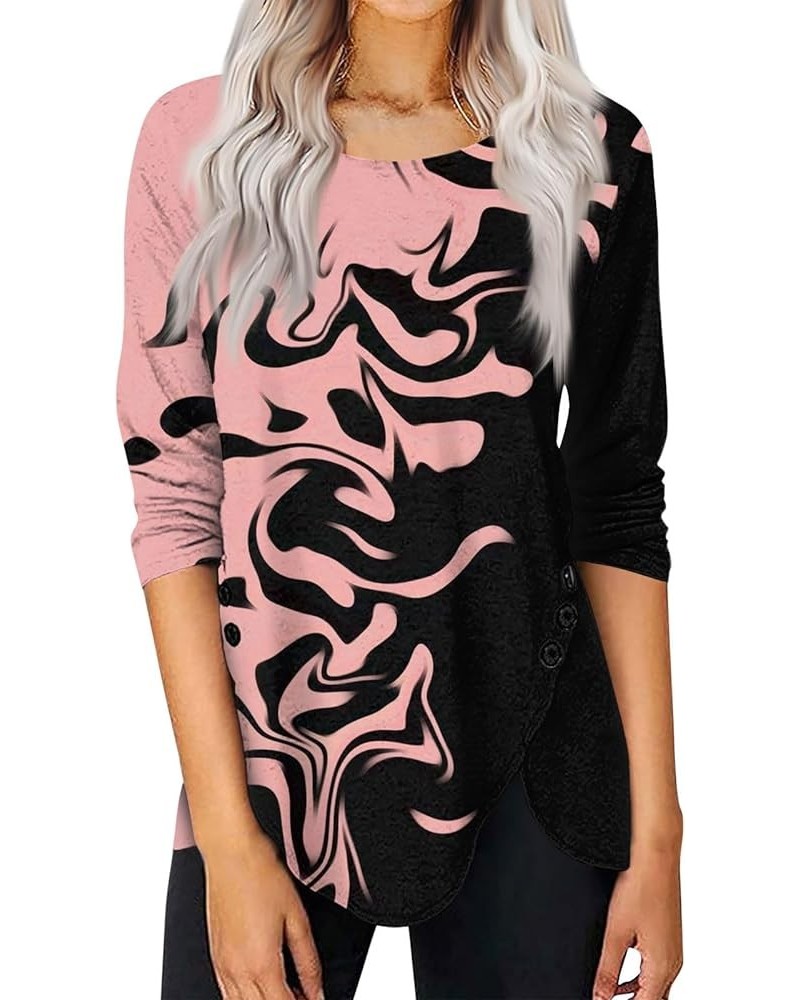 Going Out Tops for Women,Womens Casual Print Asymmetrical Hem Button Decor T Shirt Loose Fit Long Sleeve Tunic 2-pink $8.65 Tops