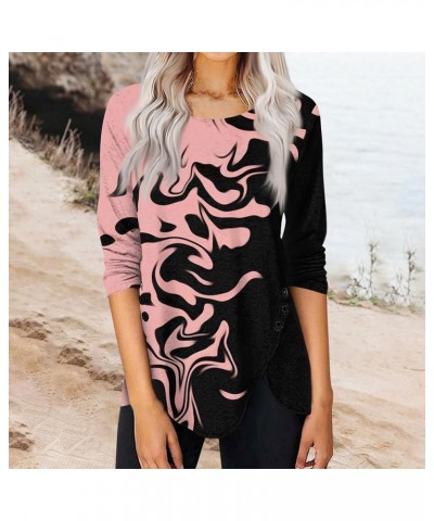 Going Out Tops for Women,Womens Casual Print Asymmetrical Hem Button Decor T Shirt Loose Fit Long Sleeve Tunic 2-pink $8.65 Tops