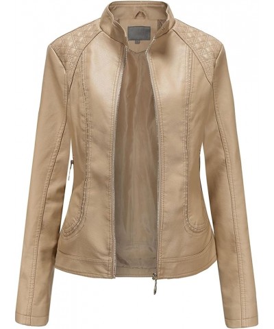 Faux Leather Jackets for Women, Classic Stand Collar Motorcycle Jacket Zip Up Outerwear Champagne $22.50 Coats