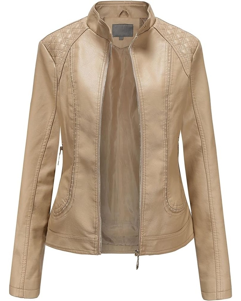 Faux Leather Jackets for Women, Classic Stand Collar Motorcycle Jacket Zip Up Outerwear Champagne $22.50 Coats