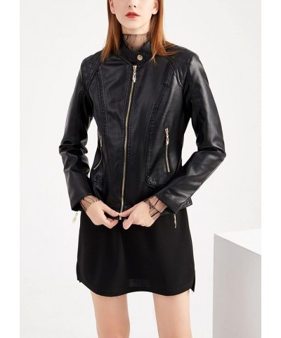 Faux Leather Jackets for Women, Classic Stand Collar Motorcycle Jacket Zip Up Outerwear Champagne $22.50 Coats