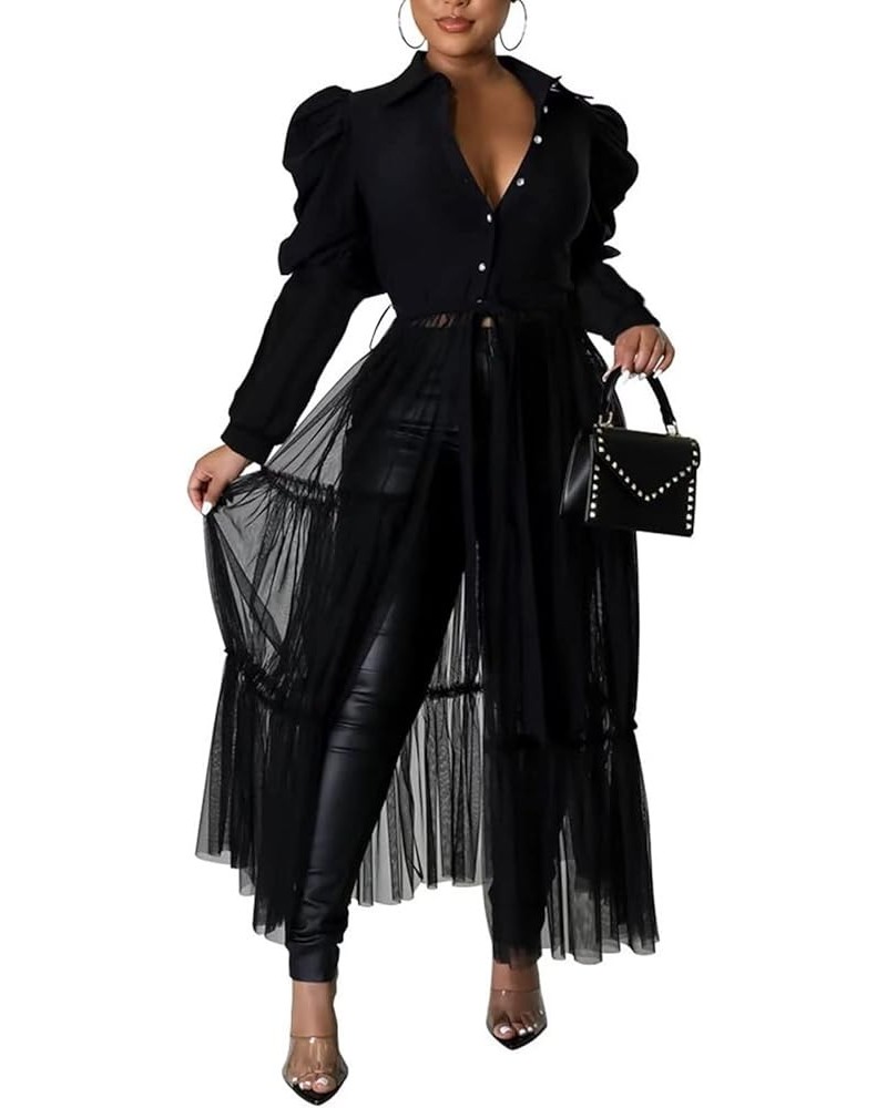 Women’s Sexy Blouses Tunic Long Ruffle Sleeve Button Down Shirt Sheer Mesh Maxi Dress with Belt Black $22.35 Blouses