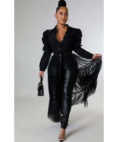 Women’s Sexy Blouses Tunic Long Ruffle Sleeve Button Down Shirt Sheer Mesh Maxi Dress with Belt Black $22.35 Blouses