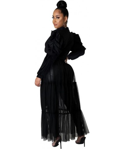 Women’s Sexy Blouses Tunic Long Ruffle Sleeve Button Down Shirt Sheer Mesh Maxi Dress with Belt Black $22.35 Blouses