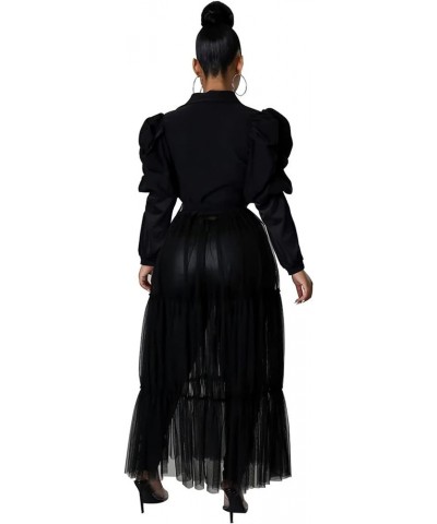 Women’s Sexy Blouses Tunic Long Ruffle Sleeve Button Down Shirt Sheer Mesh Maxi Dress with Belt Black $22.35 Blouses