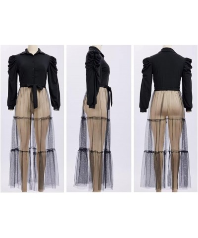 Women’s Sexy Blouses Tunic Long Ruffle Sleeve Button Down Shirt Sheer Mesh Maxi Dress with Belt Black $22.35 Blouses