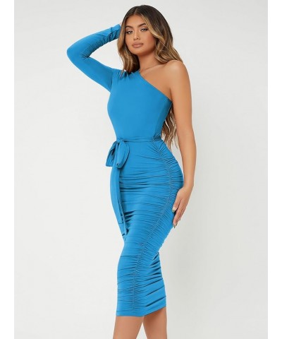 Women's One Shoulder Long Sleeve Ruched Party Bodycon Long Dress Sky Blue $26.00 Dresses