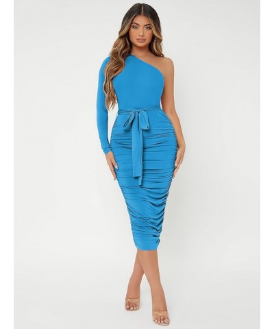 Women's One Shoulder Long Sleeve Ruched Party Bodycon Long Dress Sky Blue $26.00 Dresses