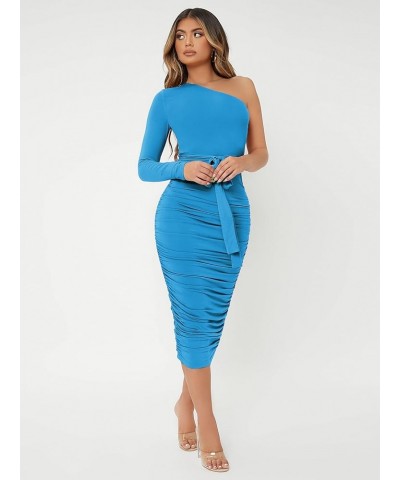 Women's One Shoulder Long Sleeve Ruched Party Bodycon Long Dress Sky Blue $26.00 Dresses