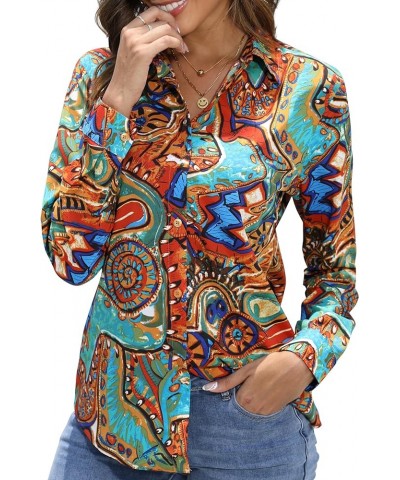 Womens Button-Down Shirts Long Sleeve Wrinkle Free Exquisite Print Fashion Casual Blouse Top XS-XXL Colorful $13.51 Blouses