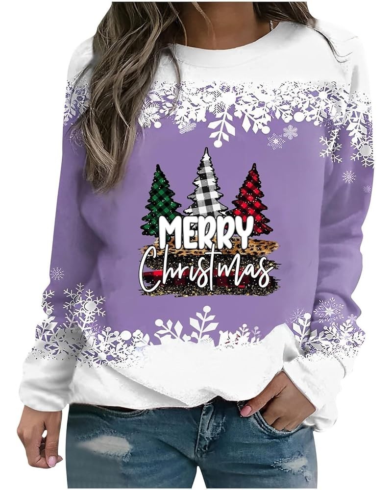 Christmas Crewneck Sweatshirt for Women Pullover Tops Vintage Cute Graphic T Shirt Blouse Long Sleeve Holiday Shirts A-purple...