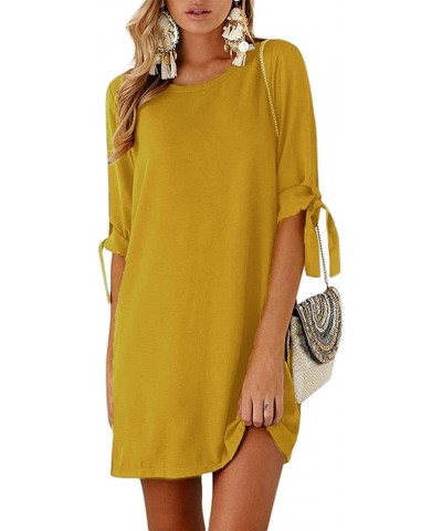 Women's 2024 Summer Dresses Solid/Floral Crew Neck Tunic Sundresses Self-tie Half Sleeves Mini Dress A-yellow $14.00 Dresses